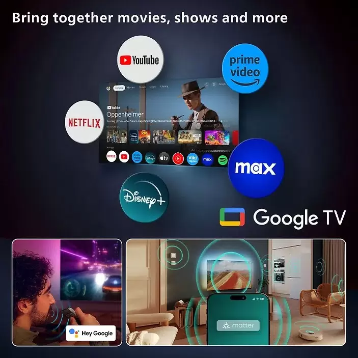 Philips 65OLED820 интерфейс Google TV с каталогом приложений YouTube Netflix и голосовым управлением Hey Google