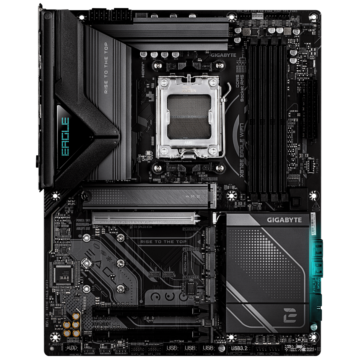 Gigabyte X870E Eagle WiFi7 вид сверху — сокет AM5, слоты DDR5, радиаторы и разъёмы