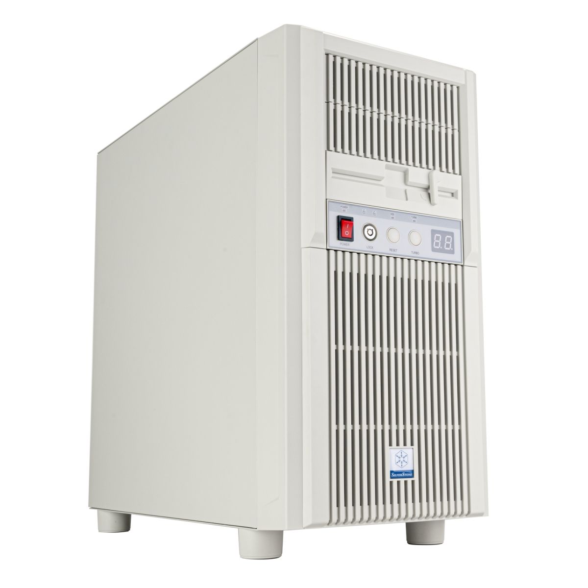 SilverStone SST-FLP03W вид спереди белый Mini-Tower с вентиляционными решётками и кнопкой питания