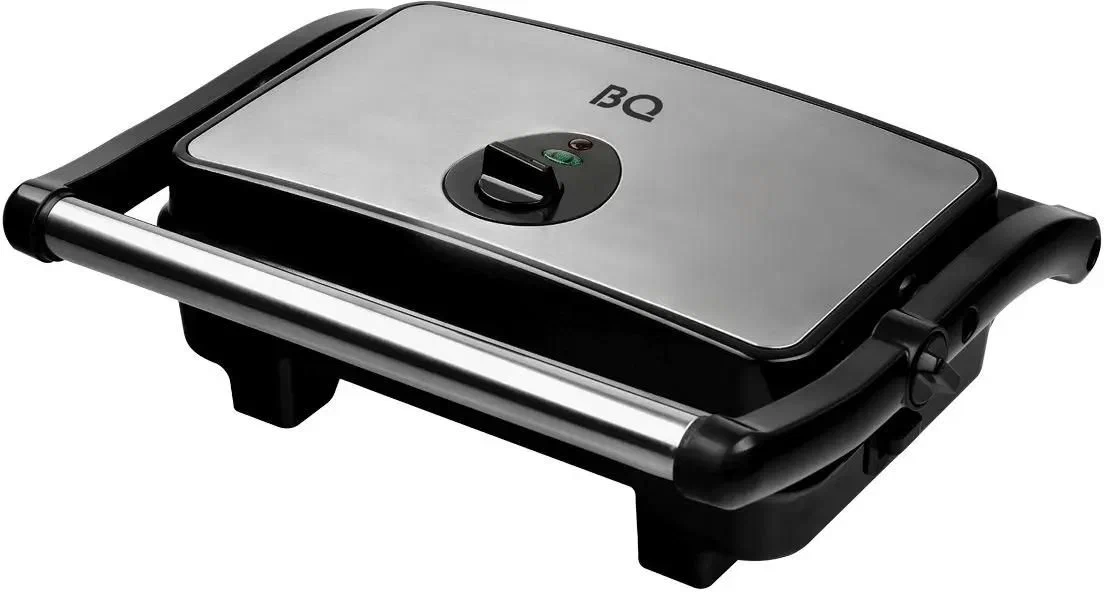 BQ GR1002 серебристый — вид сверху, антипригарная рифлёная пластина и регулятор температуры