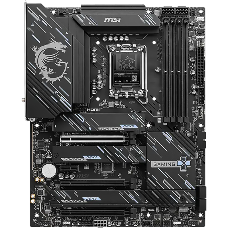 MSI Z890 Gaming Plus WiFi6E вид сверху — процессорный сокет LGA 1851, слоты DDR5, разъёмы M.2