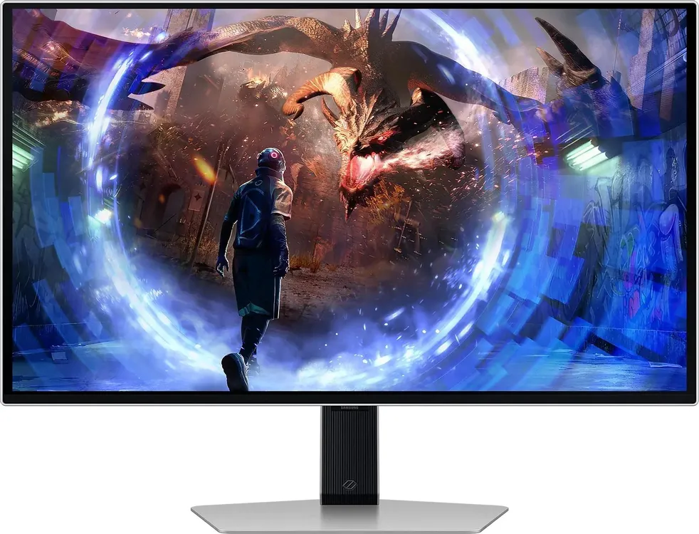 Samsung Odyssey S27DG600SIXCI вид спереди на подставке с игровым контентом на экране