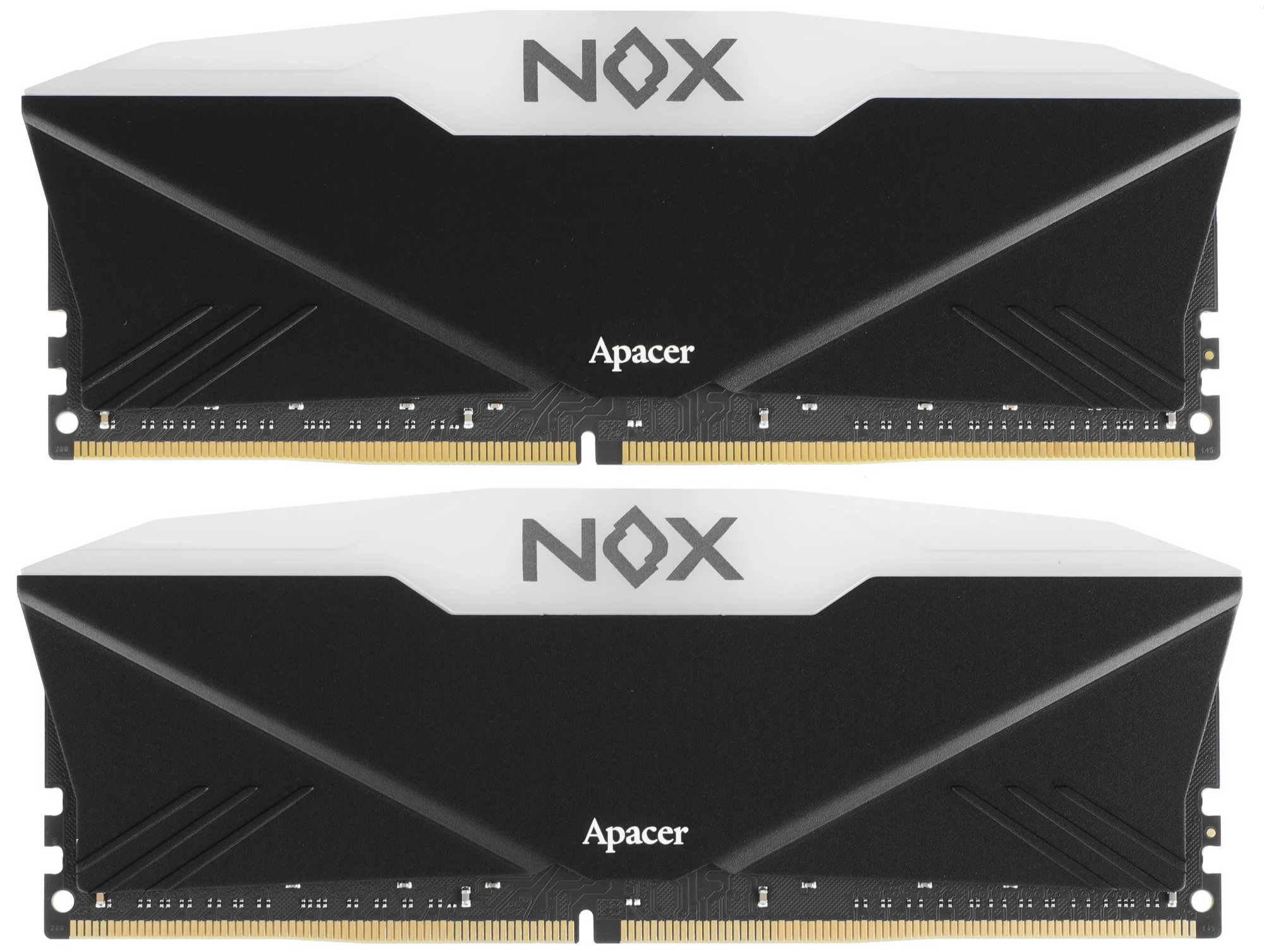 Apacer Nox AH4U32G36C25YNBAA-2 фронтальный вид чёрный радиатор белый логотип золотистые контакты