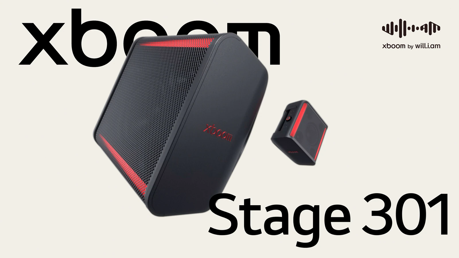 LG Xboom Stage 301 промо с красными акцентами и логотипом бренда