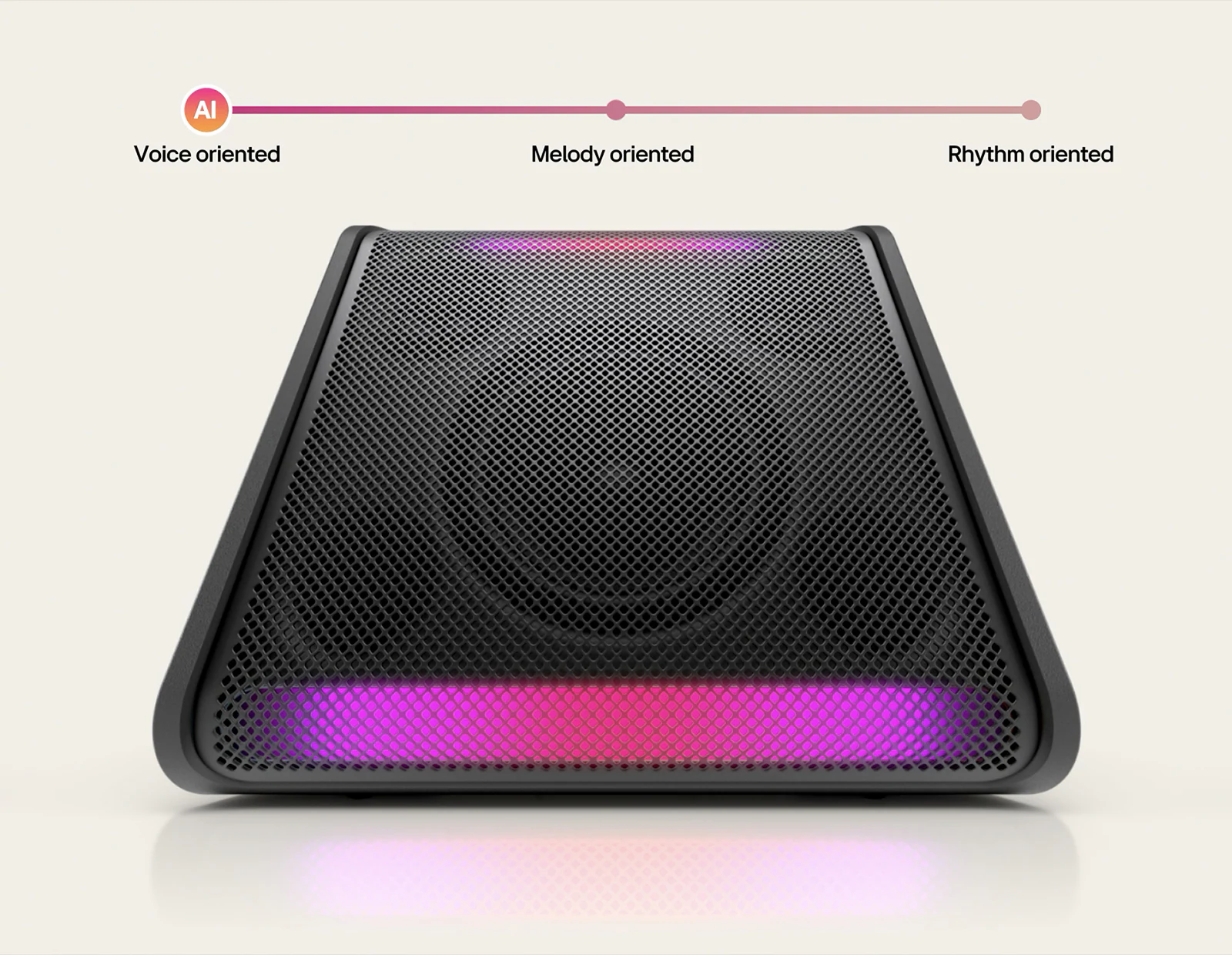 LG Xboom Stage 301 вид сверху с RGB-подсветкой и шкалой AI Sound режимов