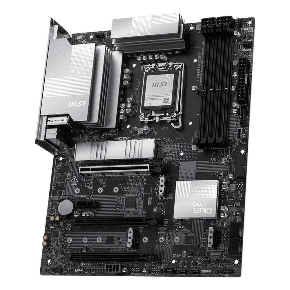 MSI PRO Z890-P WIFI6E вид сверху с процессорным кулером и слотами памяти DDR5