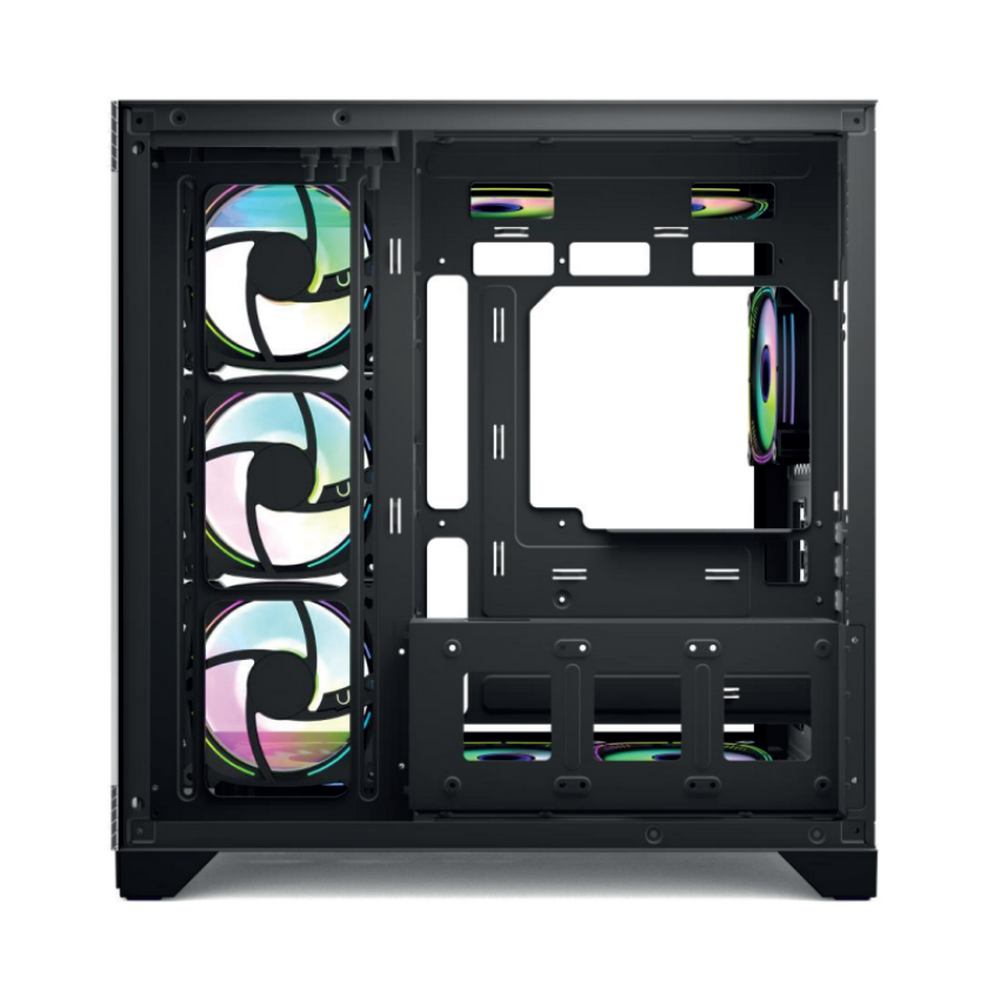 Forza FZ-G42A вид сбоку с открытой панелью — внутренняя компоновка, RGB-вентиляторы, место для видеокарты и блока питания