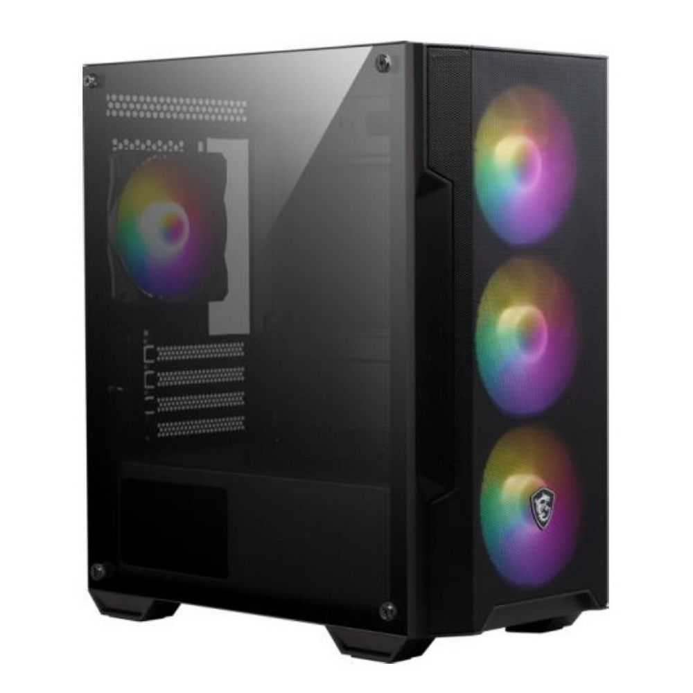 MSI MAG FORGE M100A вид с левой стороны, акриловое окно и внутреннее пространство для компонентов
