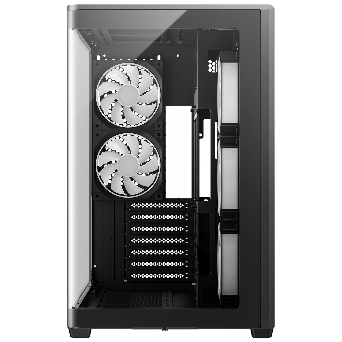 DeepCool CG590U 5F внутренний вид корпуса кабель-менеджмент отсеки для компонентов боковая стеклянная панель