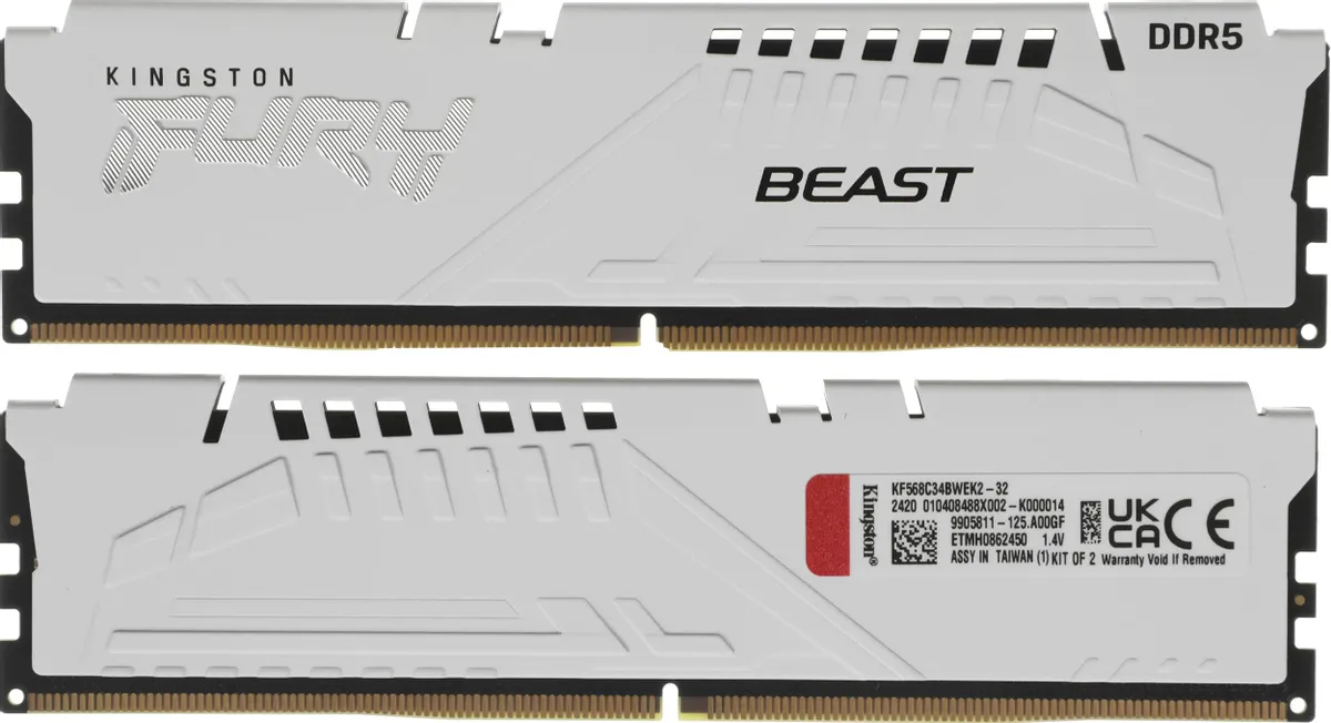 Kingston FURY Beast DDR5 KF568C34BWEK2-32 — модули оперативной памяти с белым радиатором, вид спереди и сбоку