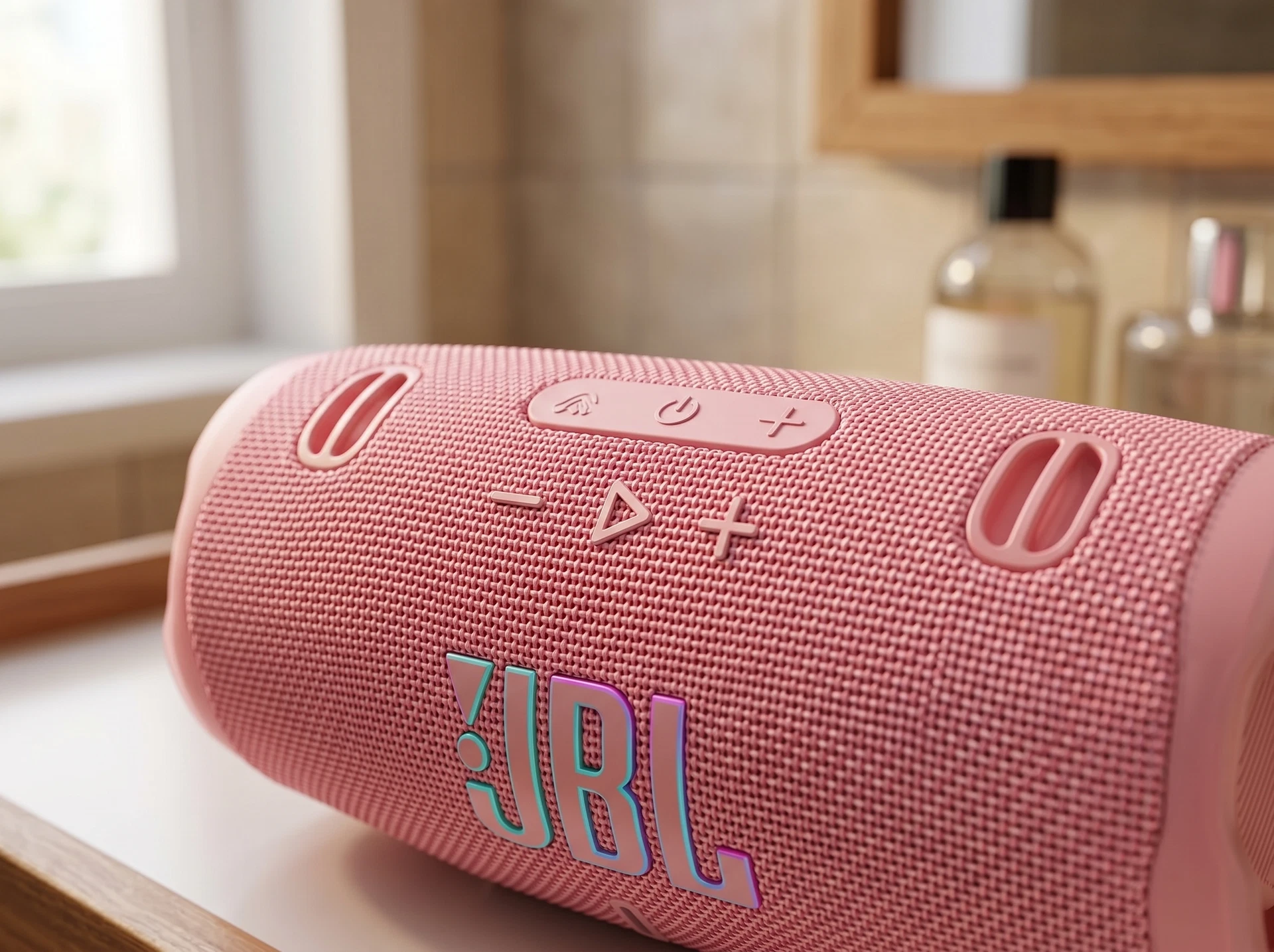 JBL Charge 6 розовый — вид сбоку, компактный дизайн с текстурированной поверхностью