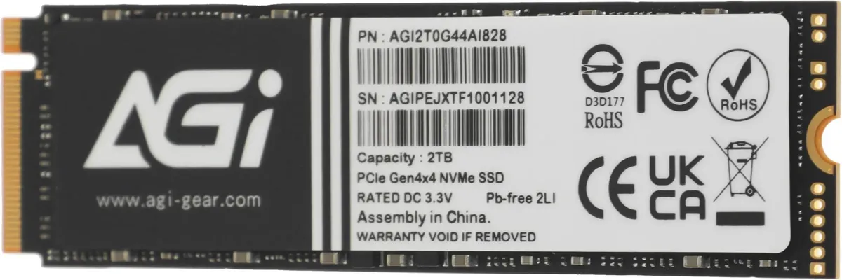 AGI AI828 2 ТБ M.2 NVMe SSD — этикетка с моделью AGI2T0G44AI828 и сертификациями