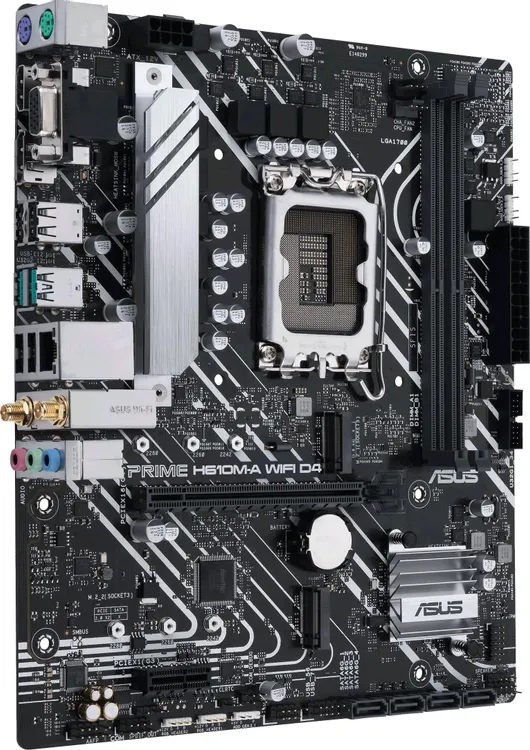 ASUS Prime H610M-A WiFi D4 вид сверху под углом — слоты DDR5, сокет LGA 1700, разъёмы M.2