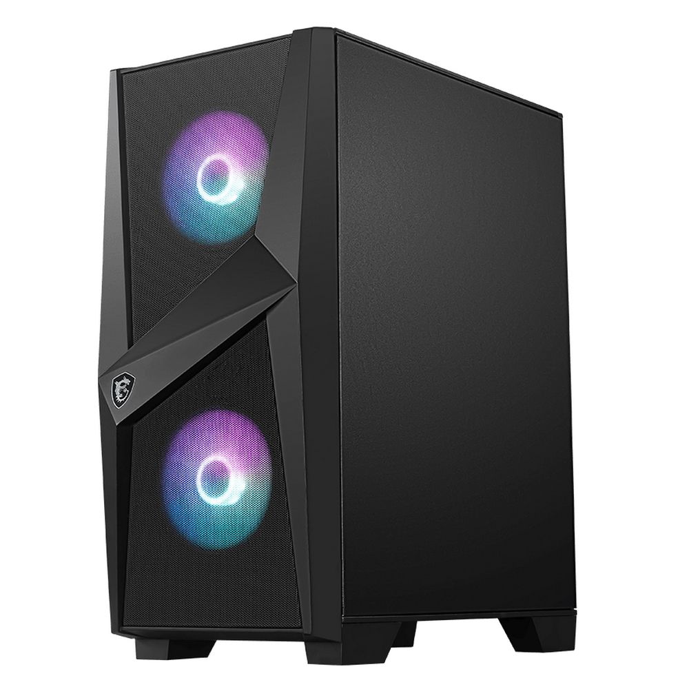 MSI MAG FORGE 100R вид сбоку с RGB вентиляторами и угловым дизайном корпуса