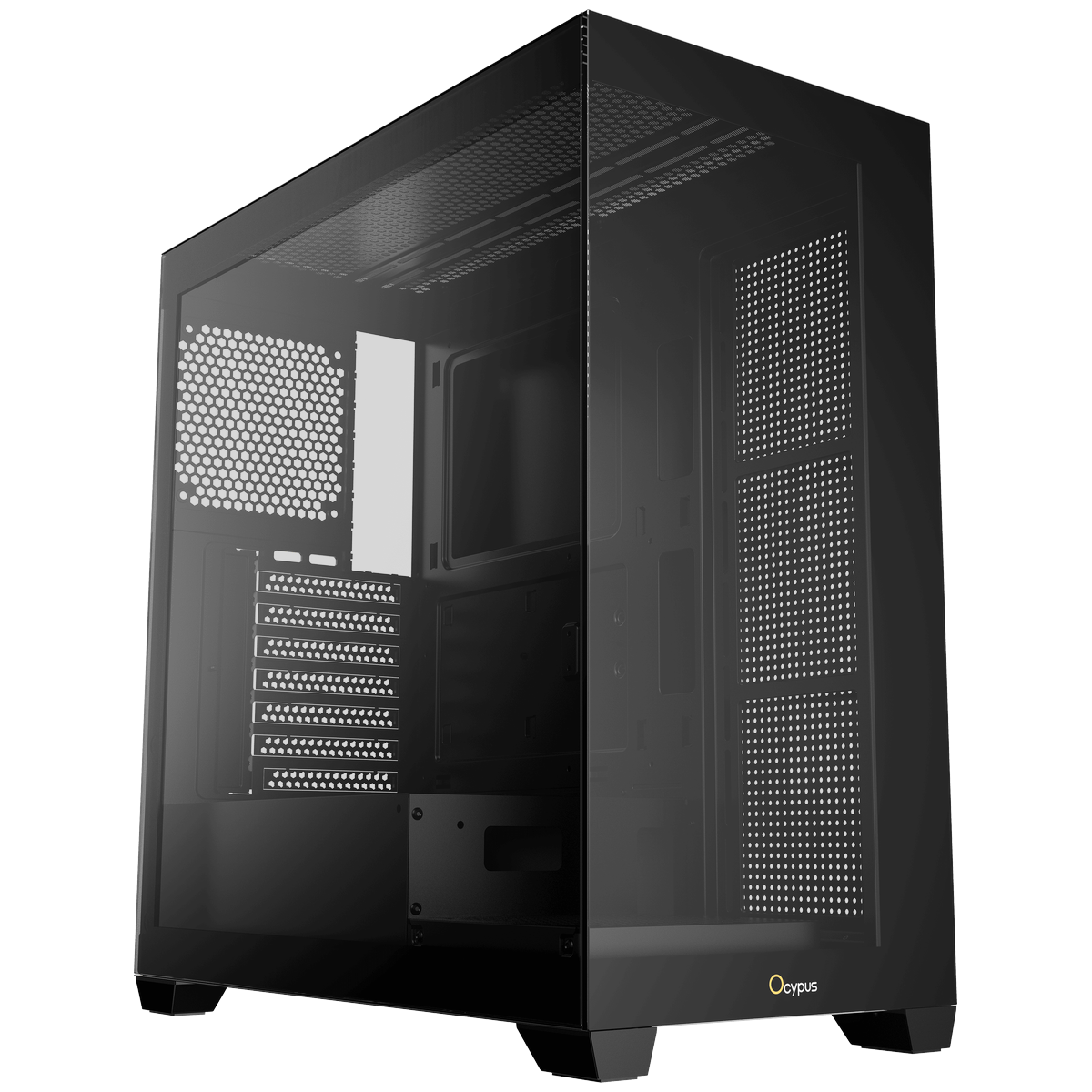 Ocypus Gamma C72 вид спереди — закрытая левая панель, вентиляционные отверстия, логотип