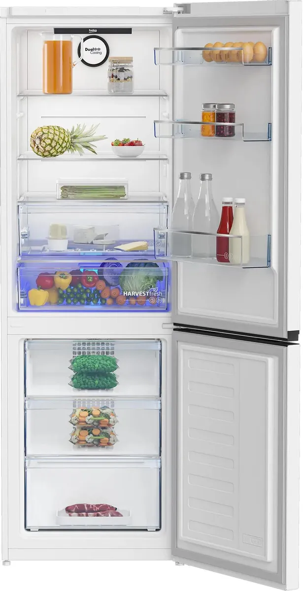 Beko B3DRCNK402HW двухкамерный холодильник Total No Frost с открытыми дверями, полки с продуктами