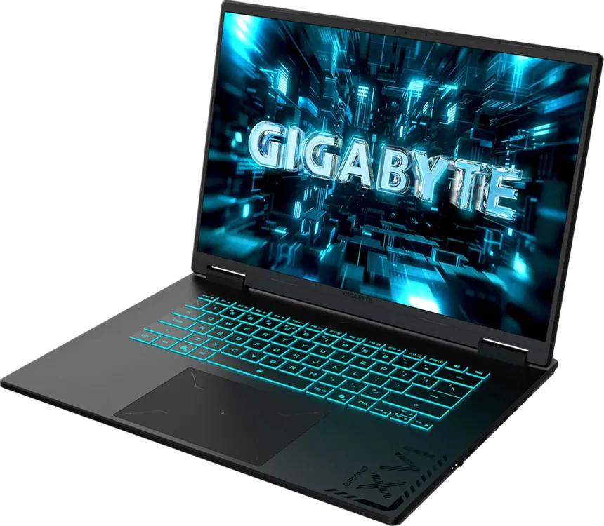 Gigabyte A16 PRO GA6DH вид сбоку на подставке — подсвеченная клавиатура и тонкий металлический корпус