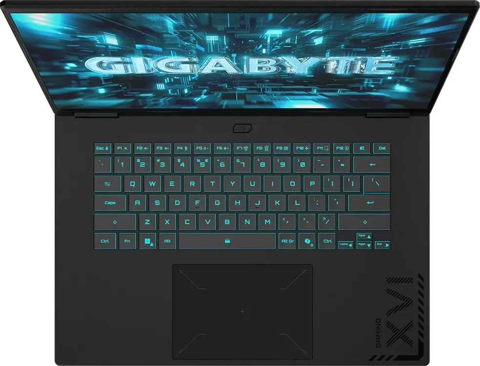 Gigabyte A16 PRO GA6DH вид сверху — полноразмерная клавиатура с cyan RGB подсветкой и крупный тачпад