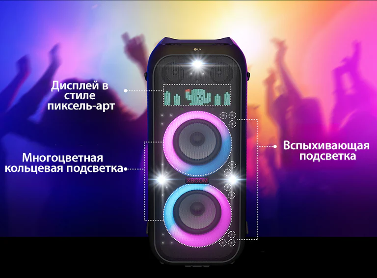 Вид спереди на колонку. Для каждой части подсветки есть своя линия. Сверху расположен дисплей в стиле пиксель-арт, на котором изображен персонаж кактуса. В центре&nbsp;&mdash; розовая и голубая градиентная многоцветная кольцевая подсветка. А по всей колонке распространяется вспыхивающая подсветка.