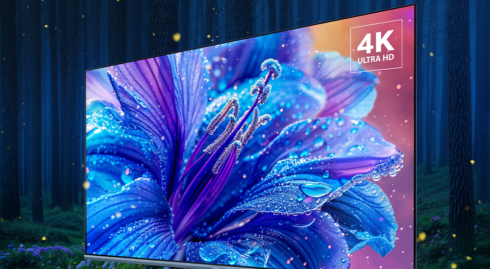 Haier 50 Smart TV S2 Pro &mdash; вид под углом, логотип 4K Ultra HD, природный пейзаж на экране
