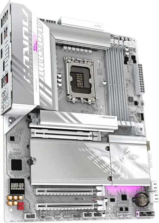 Gigabyte Z890 Aorus Elite WiFi7 Ice — разъёмы M.2, слоты DDR5 и зона VRM с радиаторами