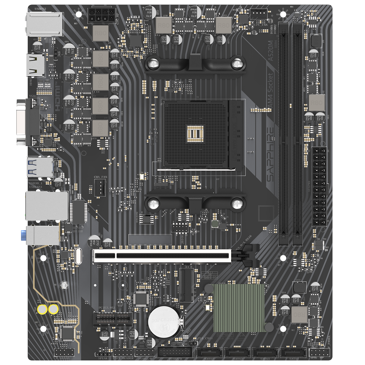 Sapphire A520M-E разъёмы и слоты на плате — вид сверху