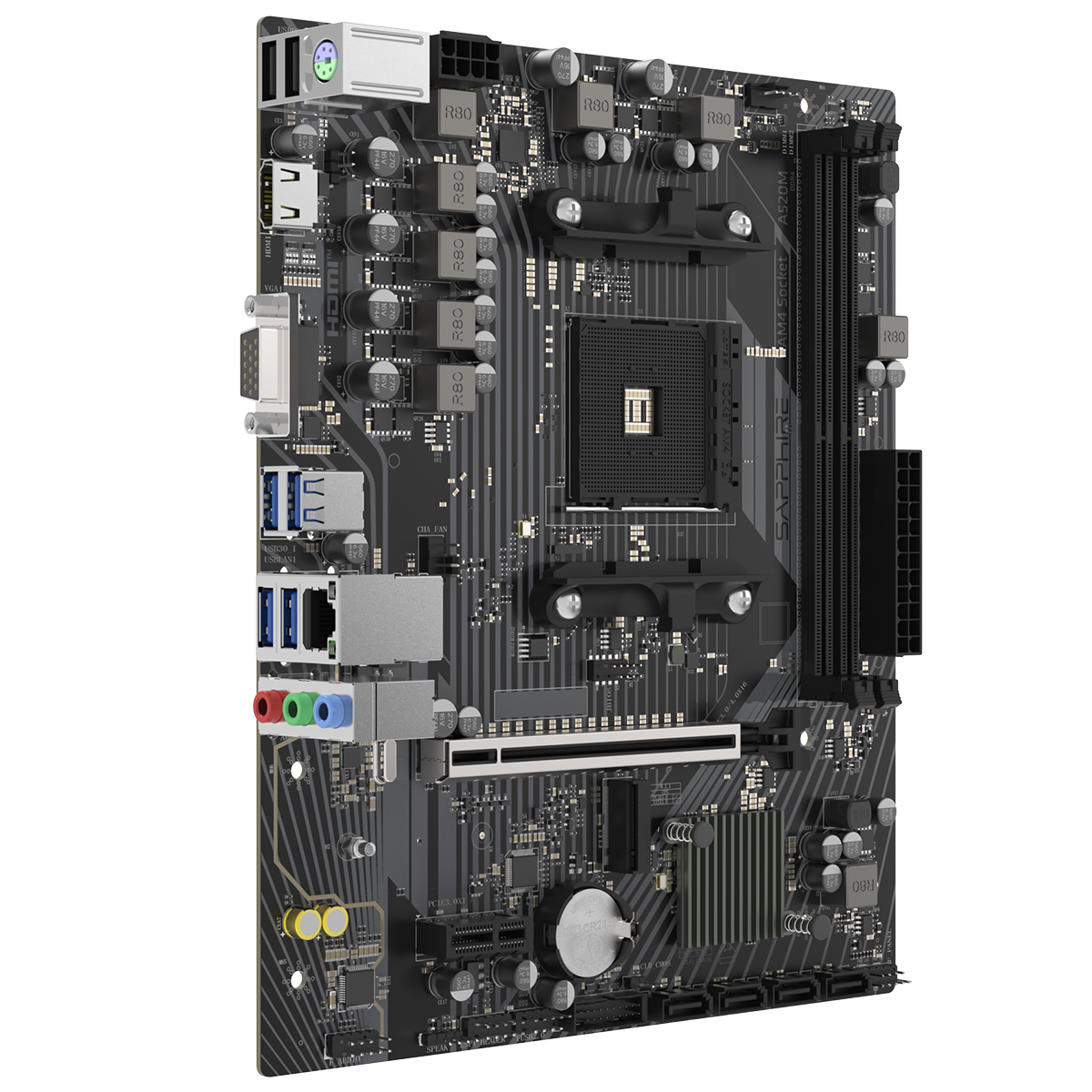 Sapphire A520M-E задняя панель портов — HDMI DVI VGA USB