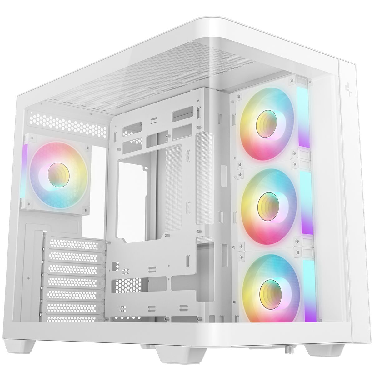 DeepCool CG530U 4F WH вид 3/4 с ARGB-подсветкой фронтальных вентиляторов