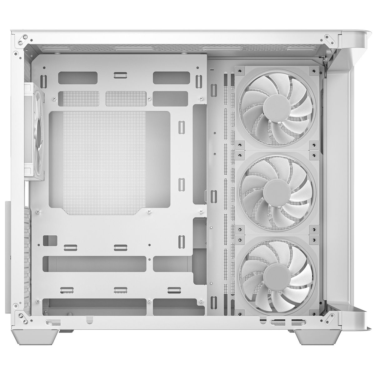 DeepCool CG530U 4F WH вид сверху — три ARGB-вентилятора, материнская плата, просторная компоновка