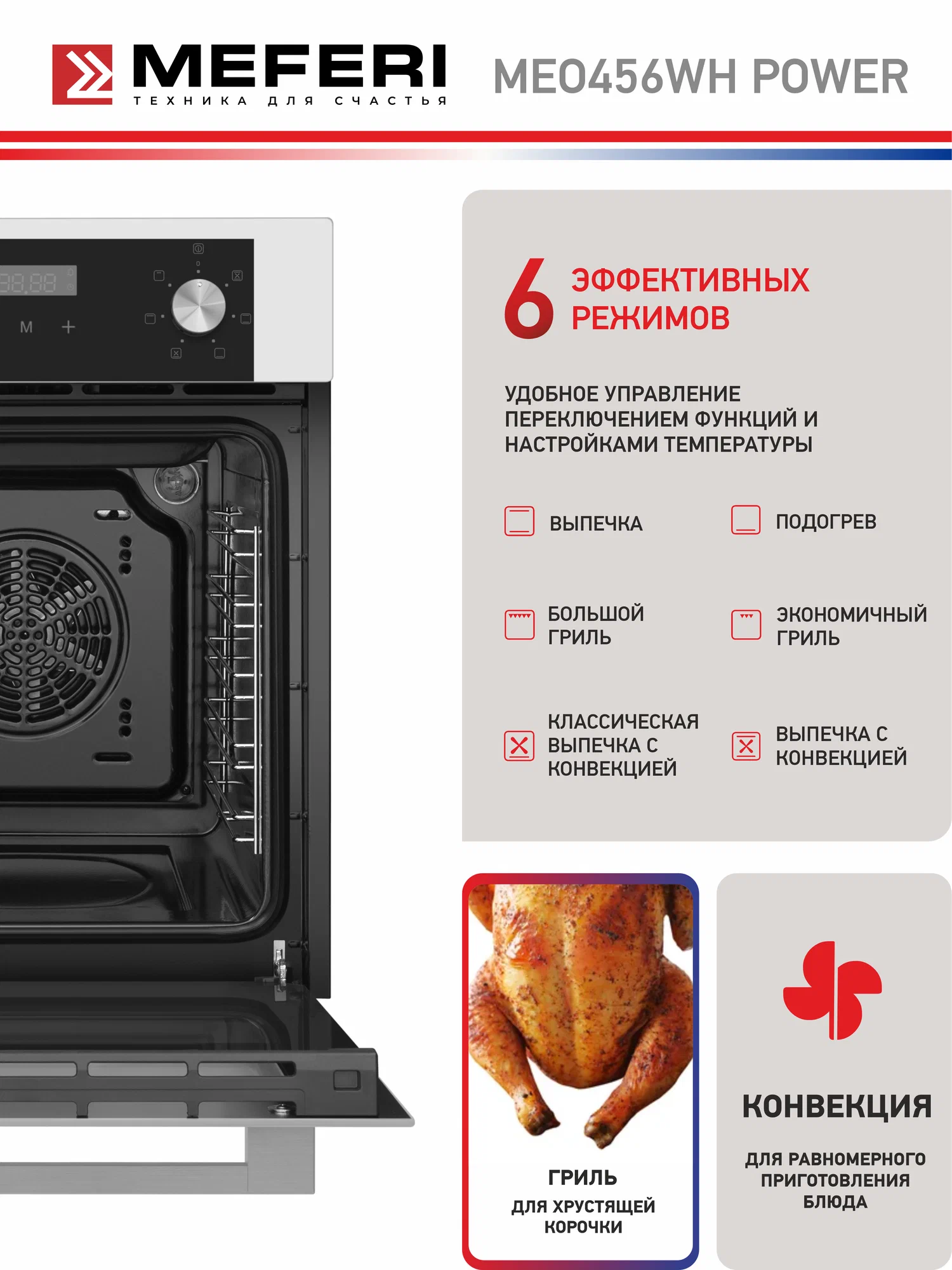 Meferi MEO456WH духовой шкаф открытая камера с грилем и конвекцией 6 режимов приготовления