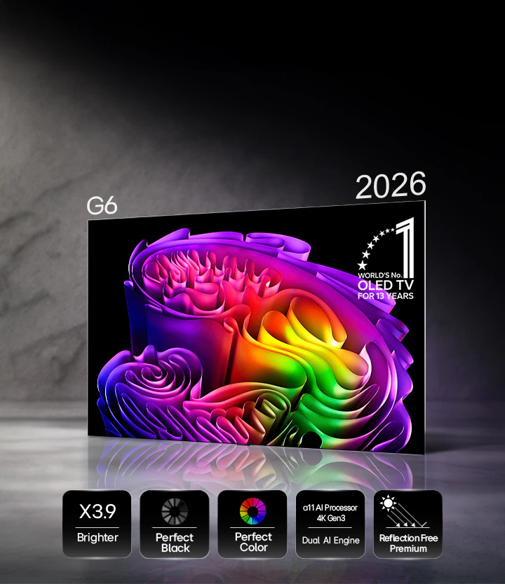 LG OLED55G6RLA вид спереди &mdash; OLED evo панель серии Gallery 2026 с технологиями X39 Brighter, Perfect Black и процессором &alpha;11 Gen 3