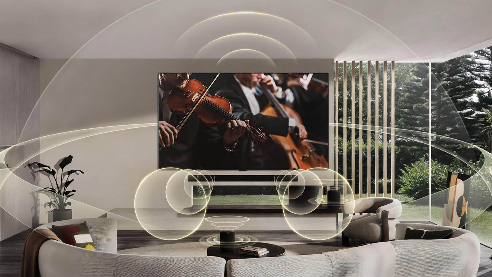 LG OLED55G6RLA акустическая система 4.2 в интерьере гостиной &mdash; визуализация звукового поля при просмотре музыкального выступления