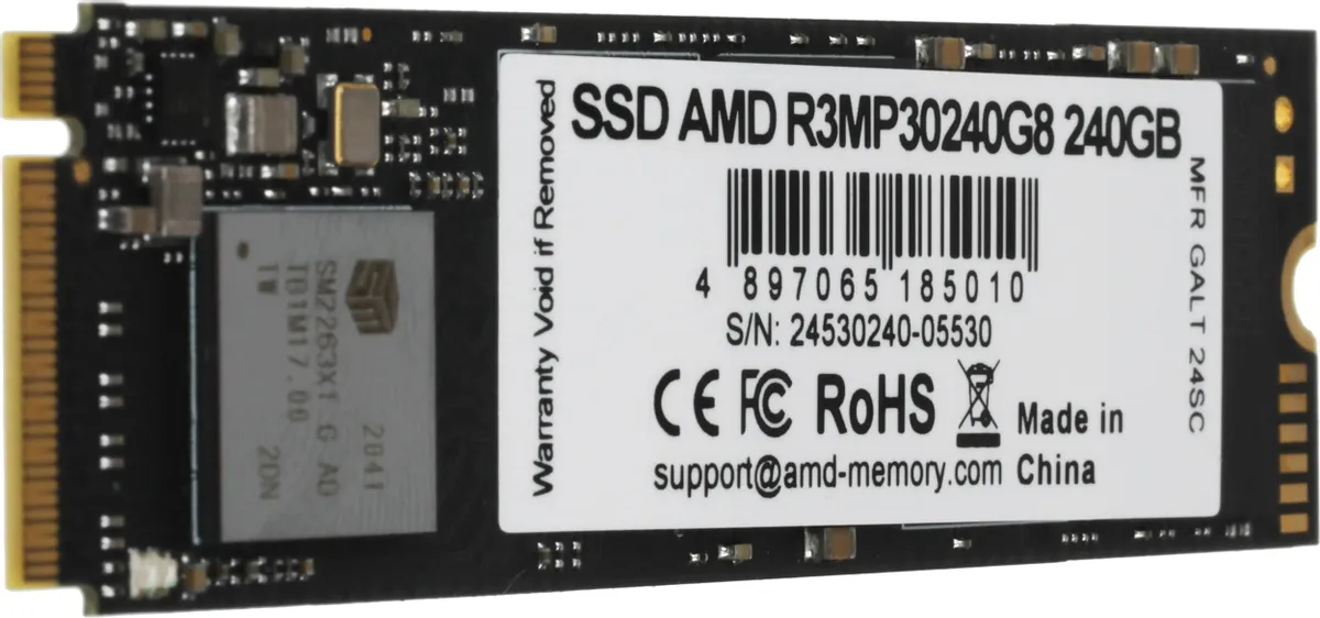 AMD Radeon R3 R3MP30240G8 240 ГБ M.2 2280 вид сверху, печатная плата и этикетка с характеристиками