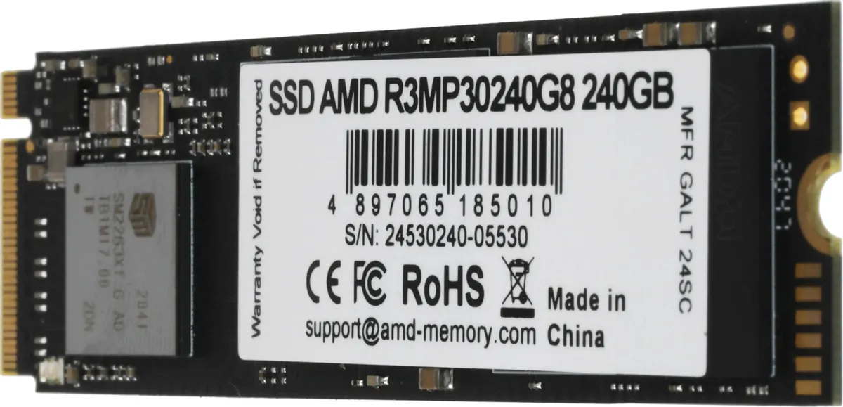 AMD Radeon R3 R3MP30240G8 240 ГБ вид под углом, разъёмы M.2 NVMe для подключения к материнской плате