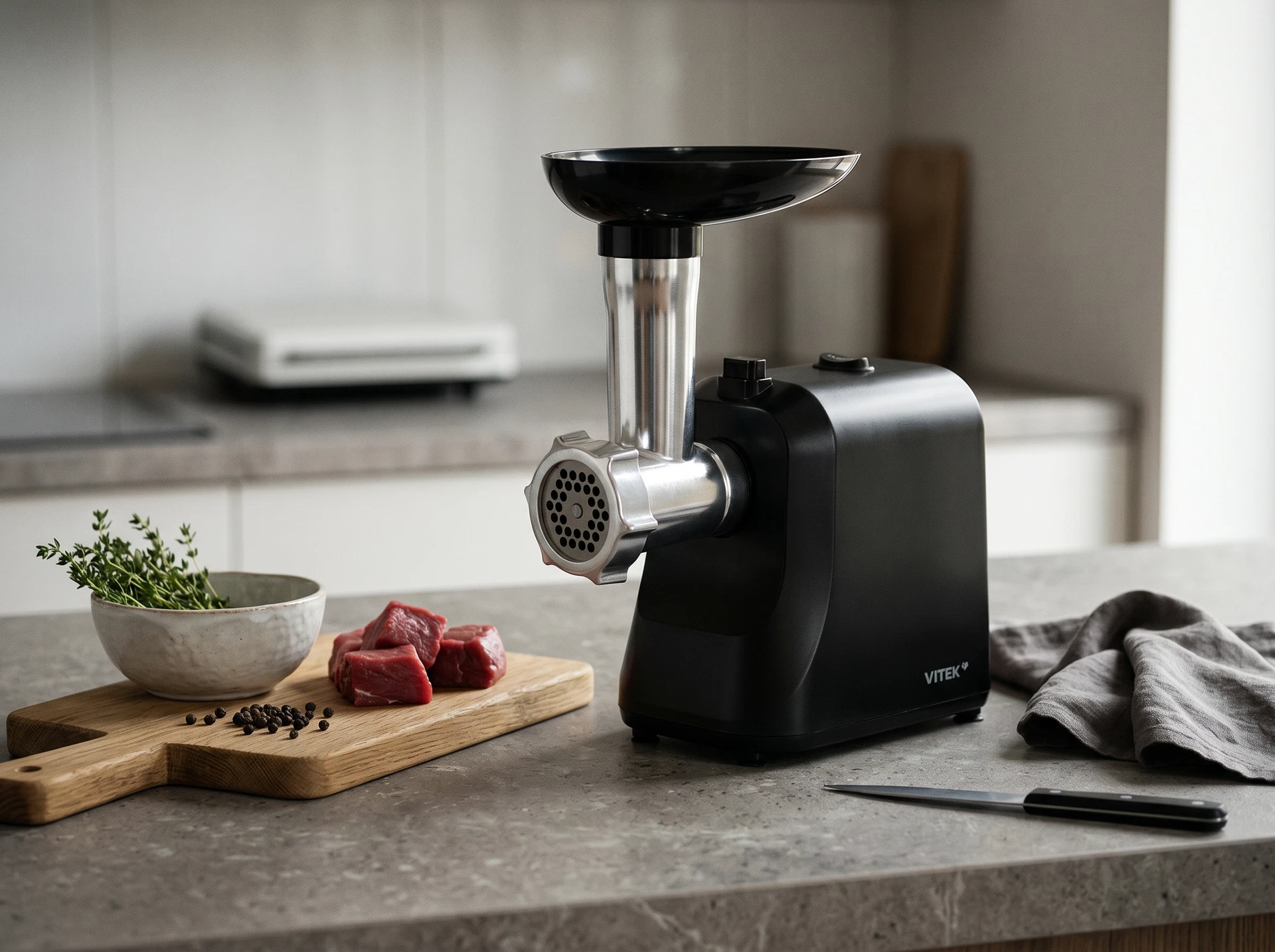 Vitek VT-MG3600 мясорубка на кухонном столе компактный чёрный корпус