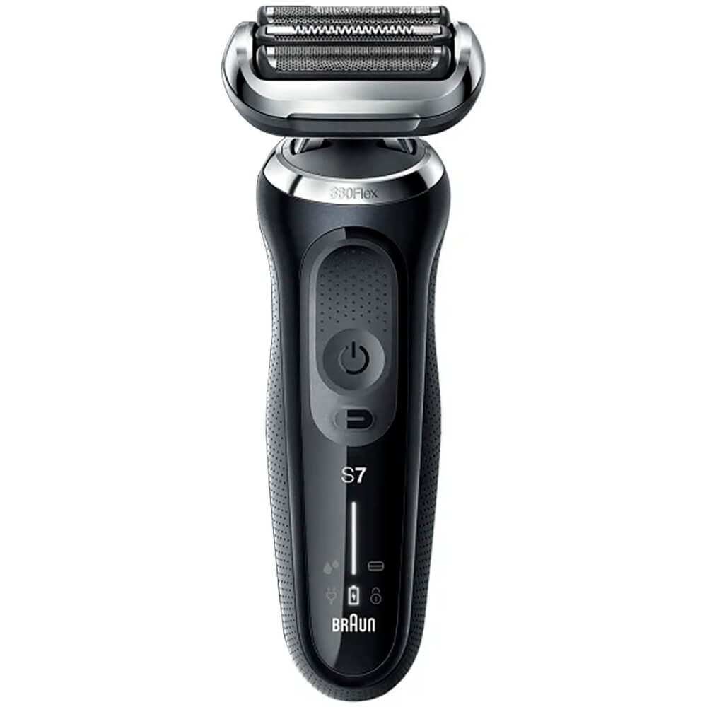 Braun 71-N1000S вид спереди &mdash; чёрный корпус с серебристой бритвенной головкой Series 7