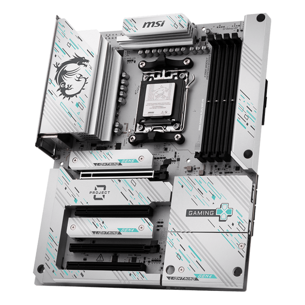 MSI B850 Gaming Plus Wifi Pz — вид сверху: компоновка сокета AM5, фазы питания VRM, разводка печатной платы и теплораспределительные каналы