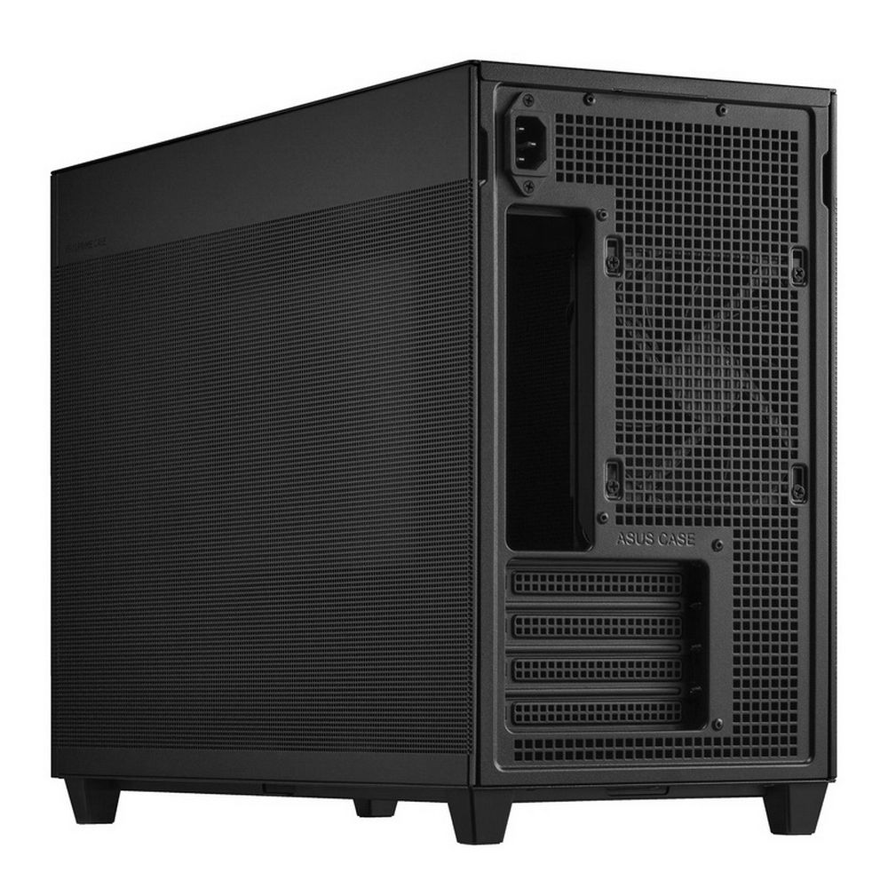 ASUS Prime AP201 вид сзади — задняя панель с сетчатым паттерном, слоты расширения, вентиляционные отверстия компактного корпуса Mini-Tower