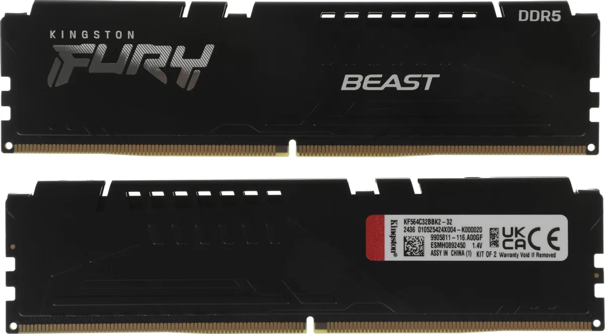 Kingston Fury Beast DDR5 KF564C32BBK2-32 два модуля памяти вид спереди и сзади с этикеткой характеристик