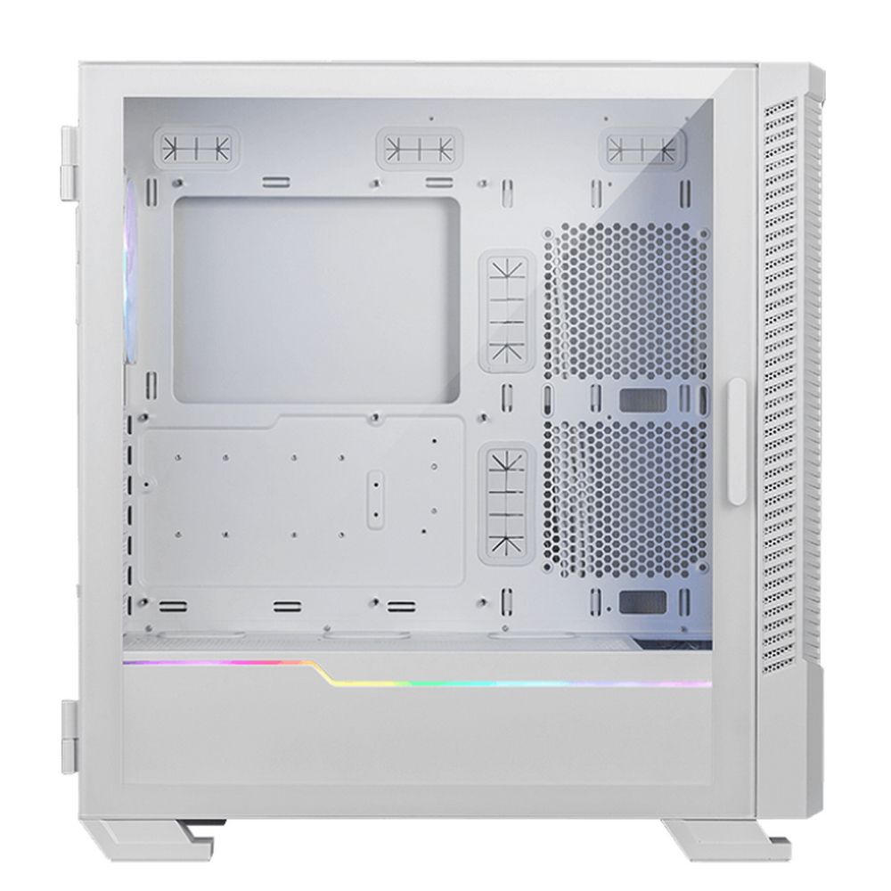 MSI MPG VELOX 100R WHITE внутреннее пространство с открытой дверцей, креплениями и ARGB-подсветкой