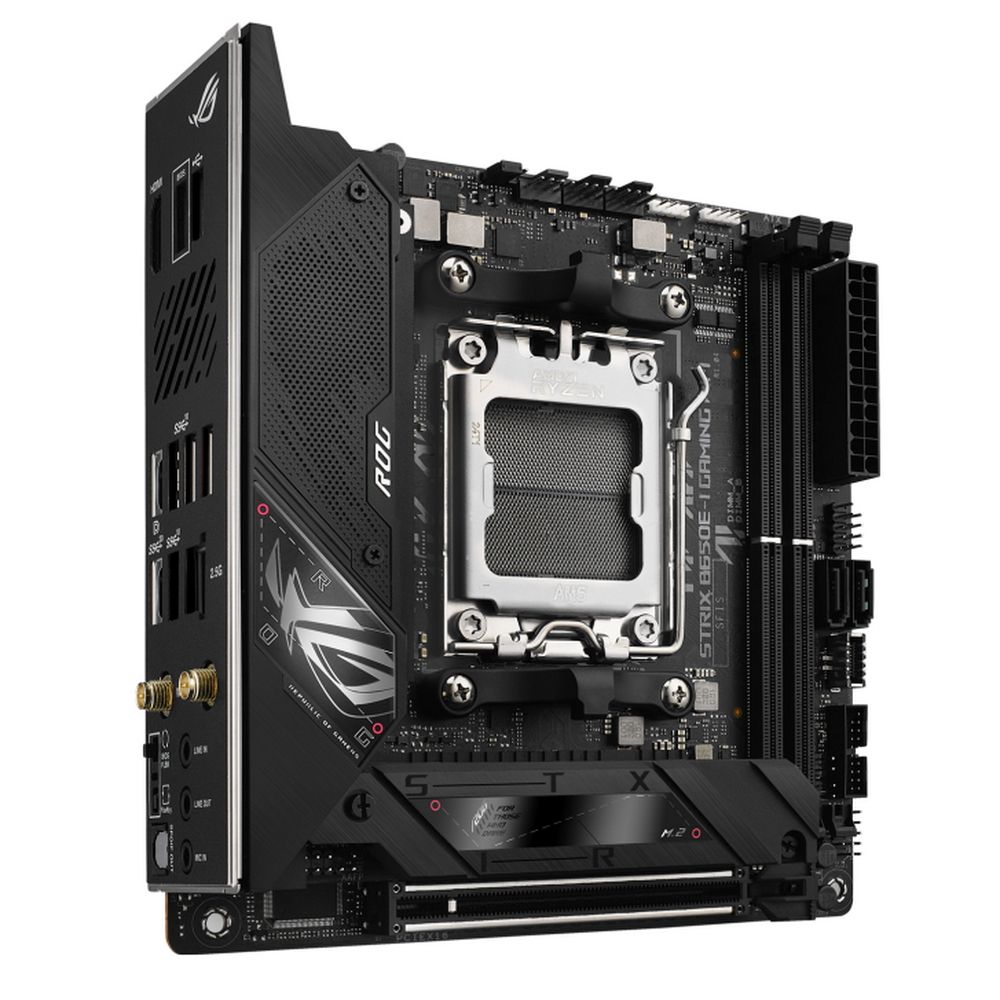 ASUS ROG Strix B650E-I Gaming WiFi — задняя панель I/O, USB порты, антенна Wi-Fi 6E, VRM секция