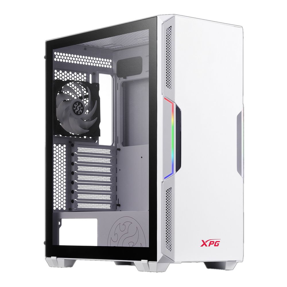 ADATA XPG STARKER вид сбоку с открытой стеклянной панелью — внутренняя компоновка с вентилятором и ARGB-подсветкой