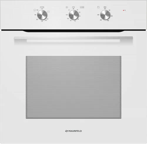 Maunfeld MOGS703W газовый духовой шкаф белый — вид спереди с тремя механическими ручками