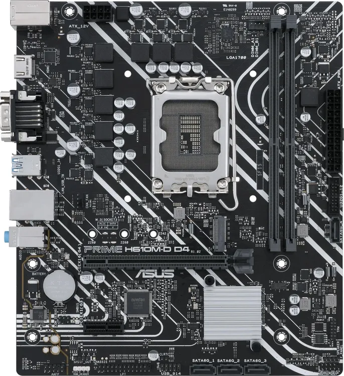 ASUS Prime H610M-D D4 вид сверху — сокет LGA 1700, слоты DDR4, разъёмы SATA и PCIe