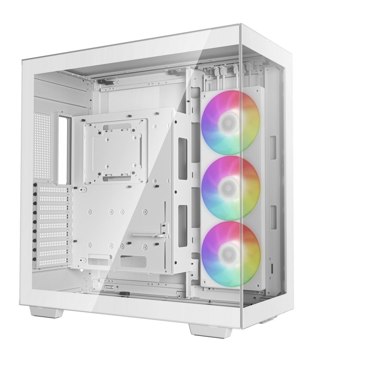 DeepCool CH780 белый вид спереди с открытой фронтальной панелью и тремя ARGB-вентиляторами
