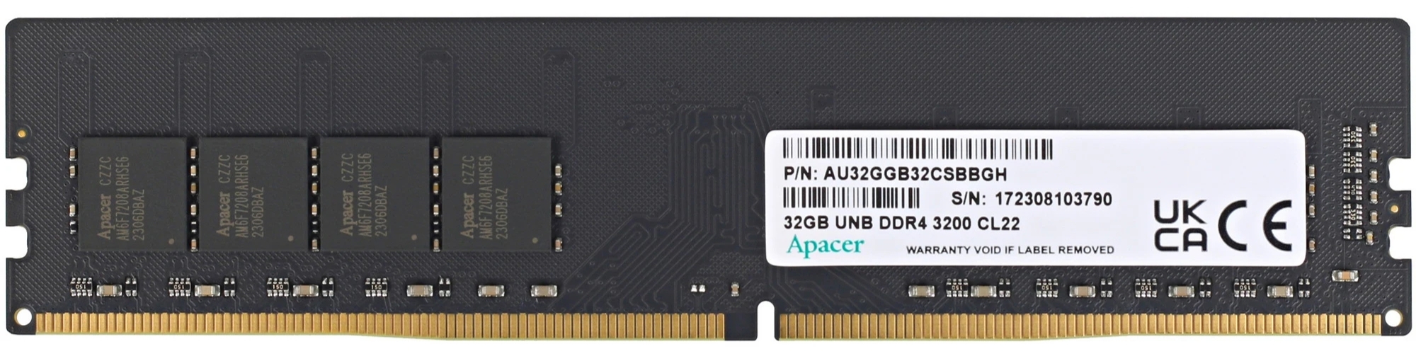Apacer EL.32G21.PSH DDR4 3200 МГц 32 ГБ DIMM — вид спереди, этикетка с характеристиками и золотые контакты