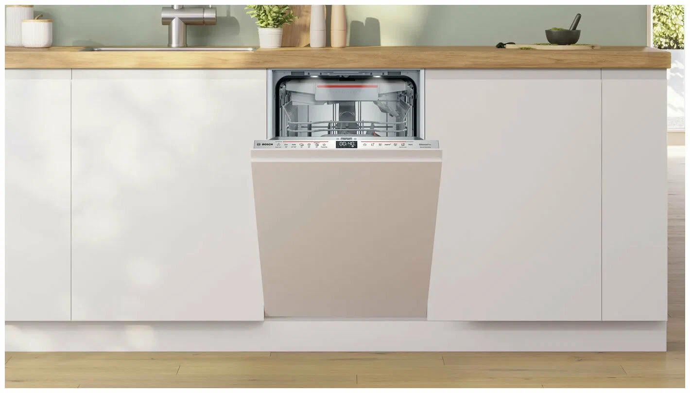 Bosch SPV6EMX76Q встраиваемая посудомоечная машина с открытой дверцей и третьей корзиной для столовых приборов