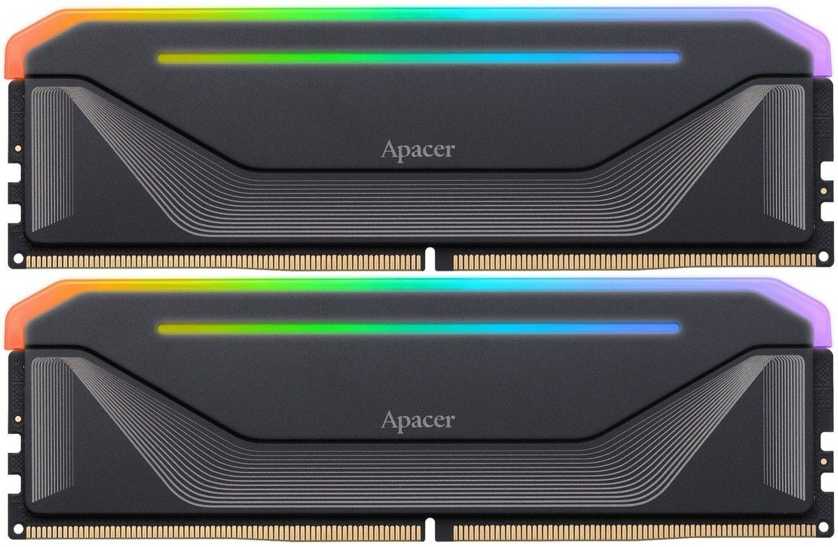 Apacer AH5U64G52C522NBAA-2 два модуля DDR5 64 ГБ с RGB подсветкой вид спереди