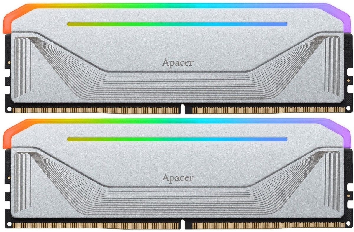 Apacer AH5U64G52C522NWAA-2 два модуля DDR5 64 ГБ с серебристым радиатором и RGB-подсветкой