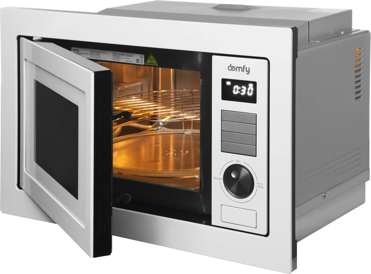 Domfy DM2540BW WG встраиваемая микроволновая печь белый корпус вид спереди с открытой дверцей
